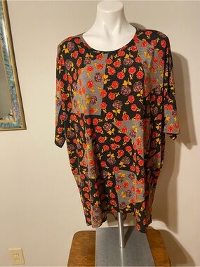 LuLaRoe Irma Black Floral Top with Pink Trim